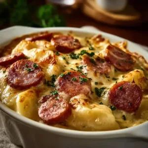 Crockpot Pierogi Casserole featuring kielbasa and melted cheese