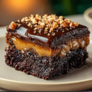Decadent chocolate caramel dump cake topped with luscious caramel sauce.