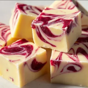 Delicious homemade white chocolate raspberry fudge on a wooden table