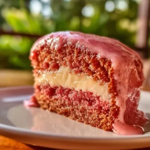 Slice of delightful strawberry honeybun cake with creamy icing on a plate