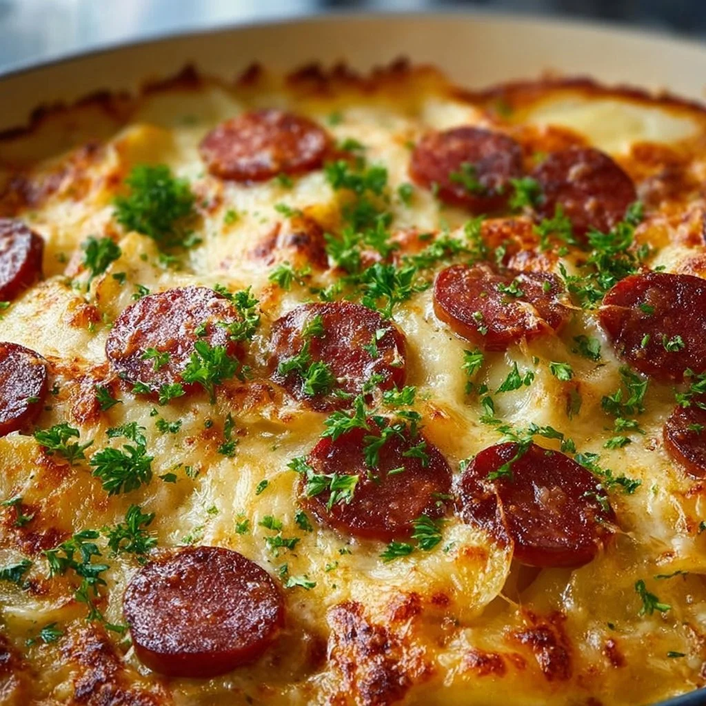 Delicious easy pierogi sausage casserole topped with cheese and herbs.