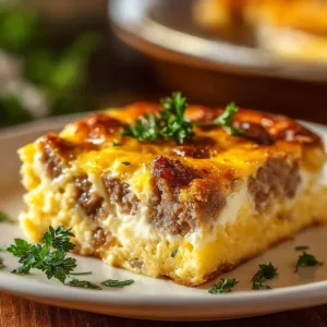 Family-friendly sausage and egg casserole baked dish ready to serve