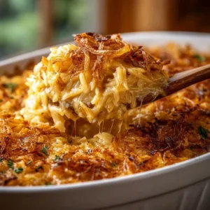 French Onion Chicken Orzo Casserole topped with melted cheese and herbs