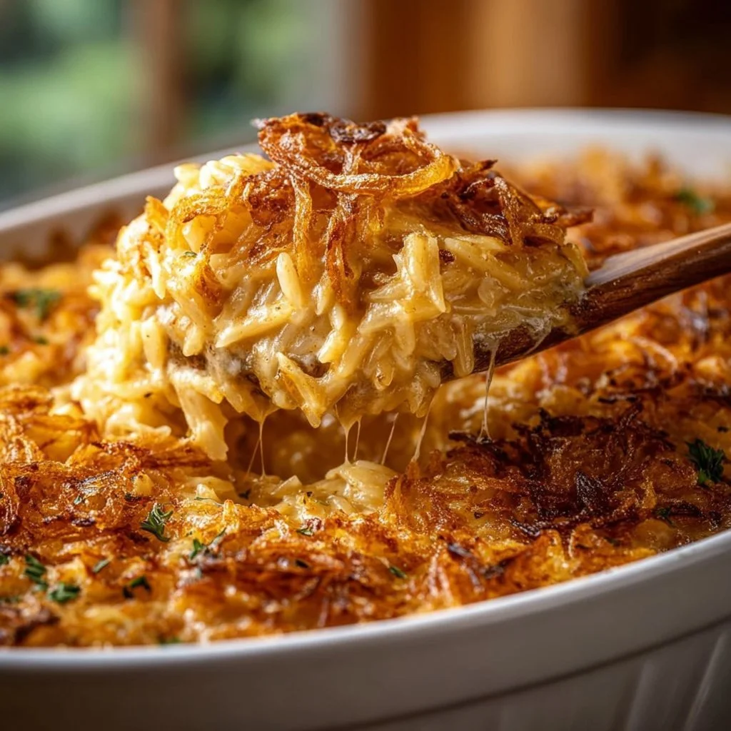 French Onion Chicken Orzo Casserole topped with melted cheese and herbs