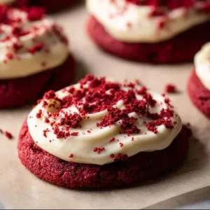 Frosted red velvet cupcake cookies with cream cheese frosting on a plate.