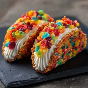 Fruity Pebbles Cheesecake Tacos dessert on a plate