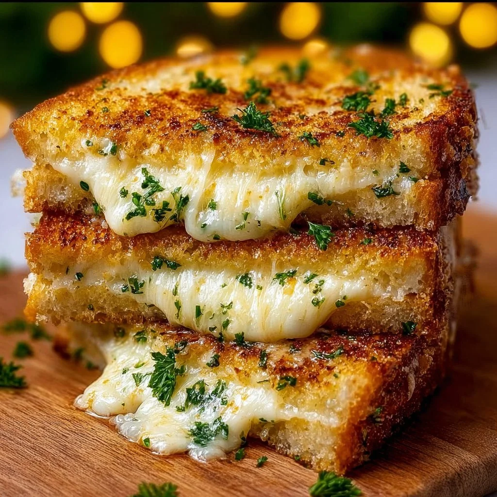 Delicious garlic bread grilled cheese sandwich with melted cheese and crispy edges.