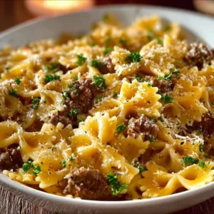Delicious Garlic Butter Beef served with cheesy bowtie pasta dish.