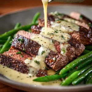 Delicious Garlic Butter Steak topped with creamy Parmesan sauce