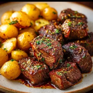 Plate of garlic steak bites served with roasted potatoes