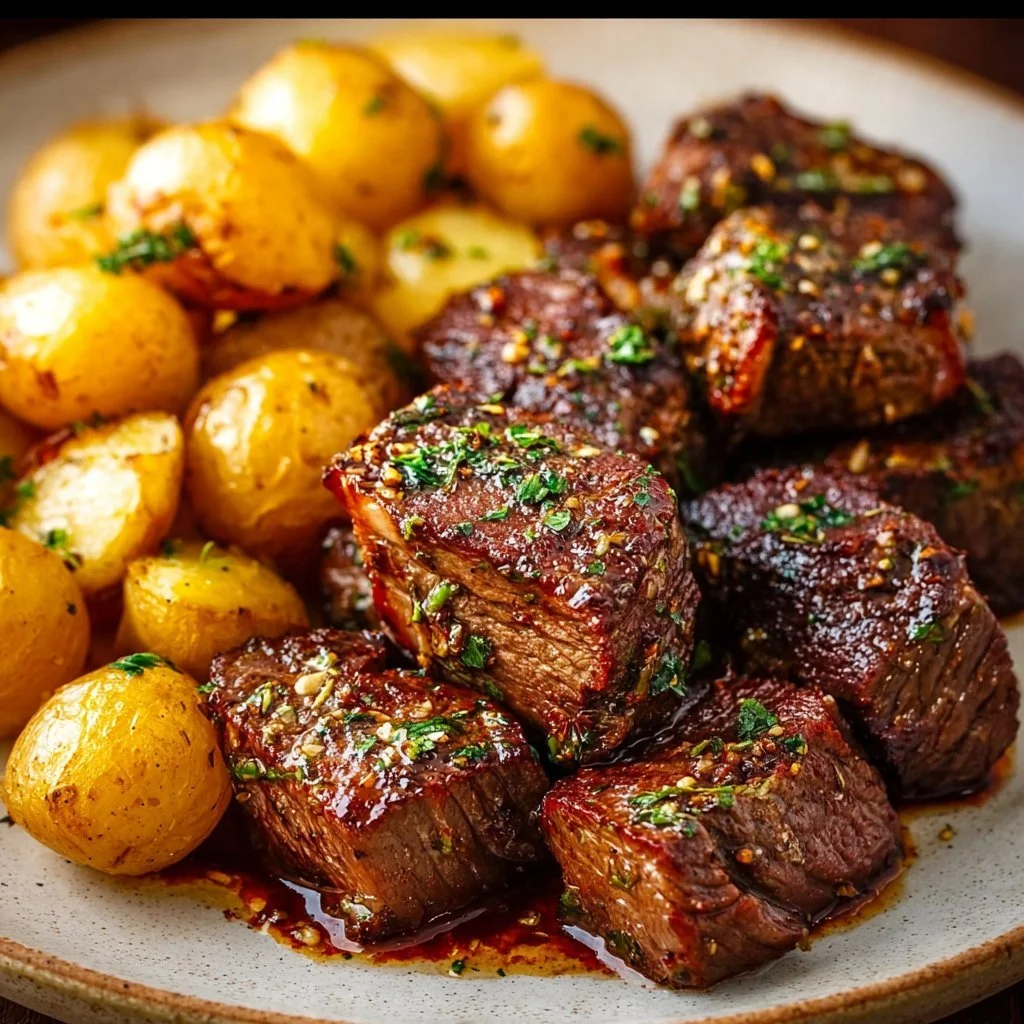 Plate of garlic steak bites served with roasted potatoes