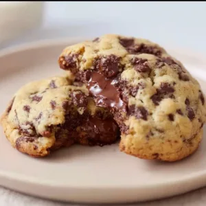 Freshly baked giant chocolate chip cookies on a cooling rack