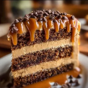 Gooey coffee caramel cake topped with creamy caramel drizzle