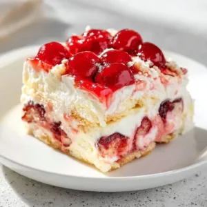 Delicious Heaven on Earth Cake topped with whipped cream and cherries.