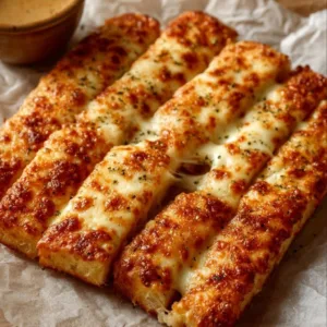 Homemade cheesy breadsticks fresh out of the oven, golden and gooey.