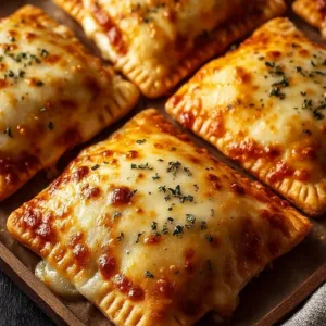Delicious homemade cheesy pizza pockets ready to eat.