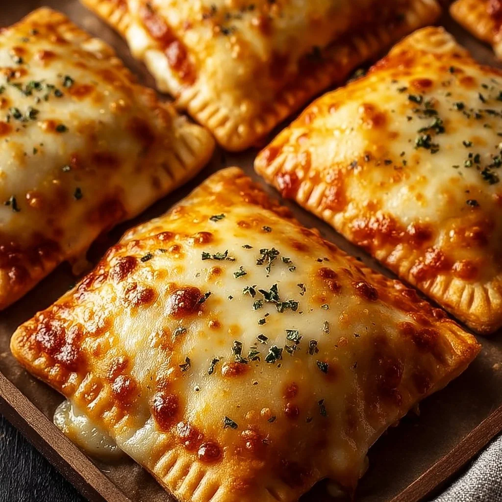 Delicious homemade cheesy pizza pockets ready to eat.