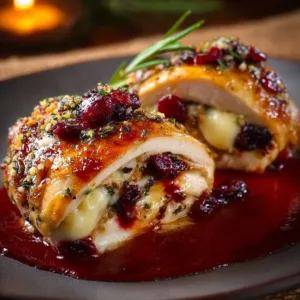 Impressive Cranberry Brie Stuffed Chicken with herbs and garnishes