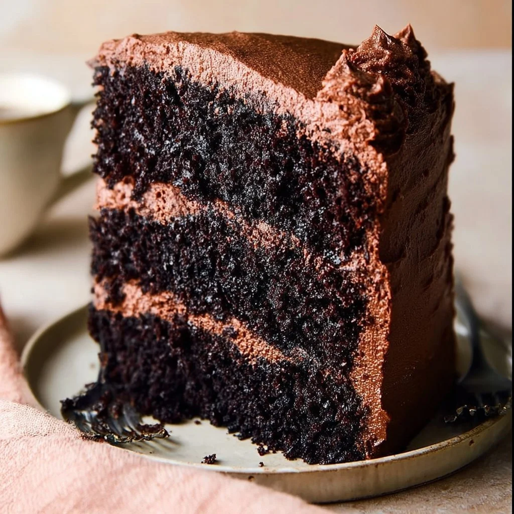 Ina Garten's rich and moist chocolate cake served on a rustic wooden table.