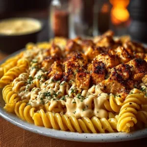 Creamy Velveeta Chicken Rotini pasta served in a bowl, garnished with herbs.