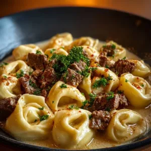 Creamy cheesesteak tortellini served in rich provolone sauce