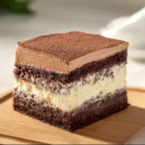 A slice of Italian Love Cake adorned with fresh berries and cream