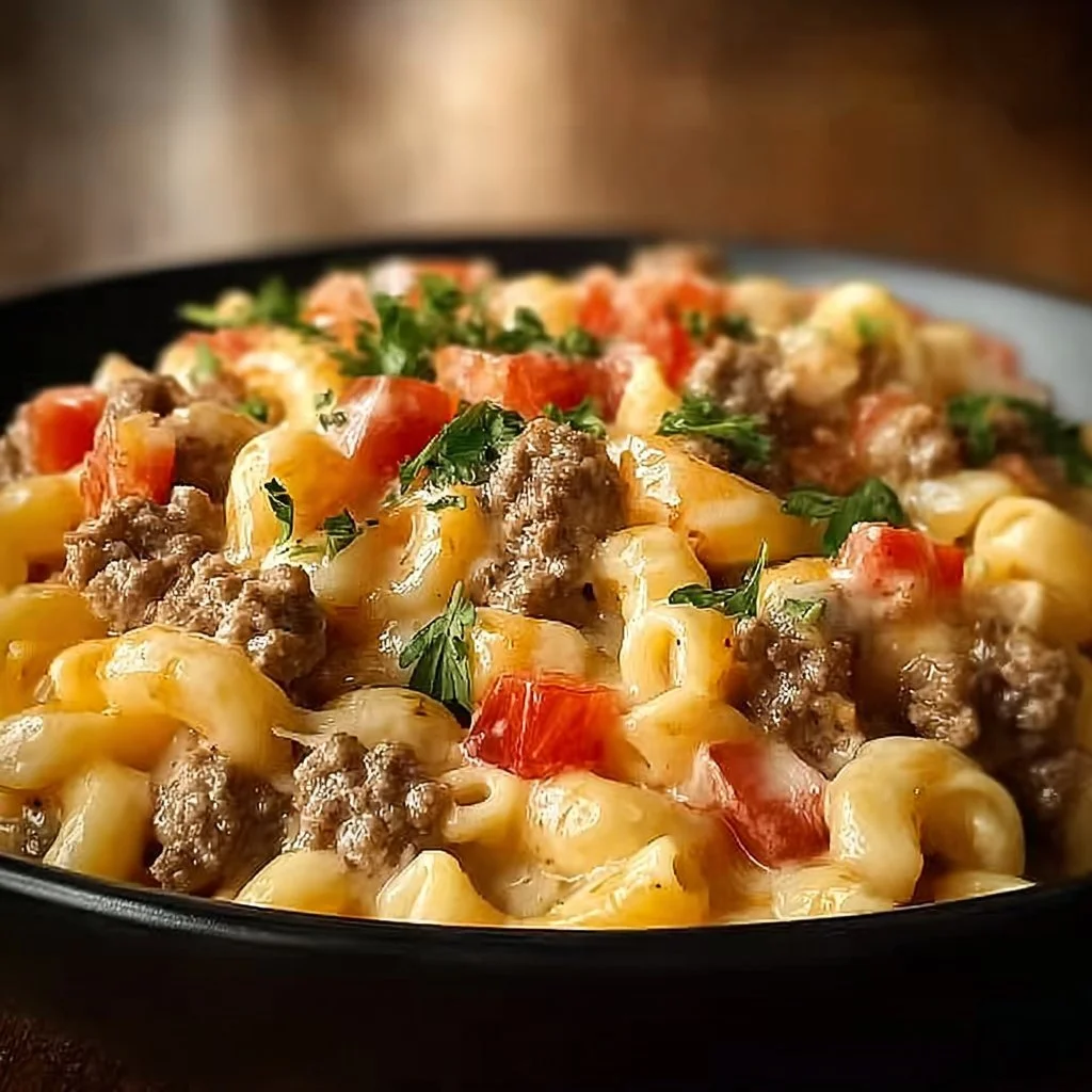 Delicious Loaded Cheeseburger Alfredo Pasta served in a bowl