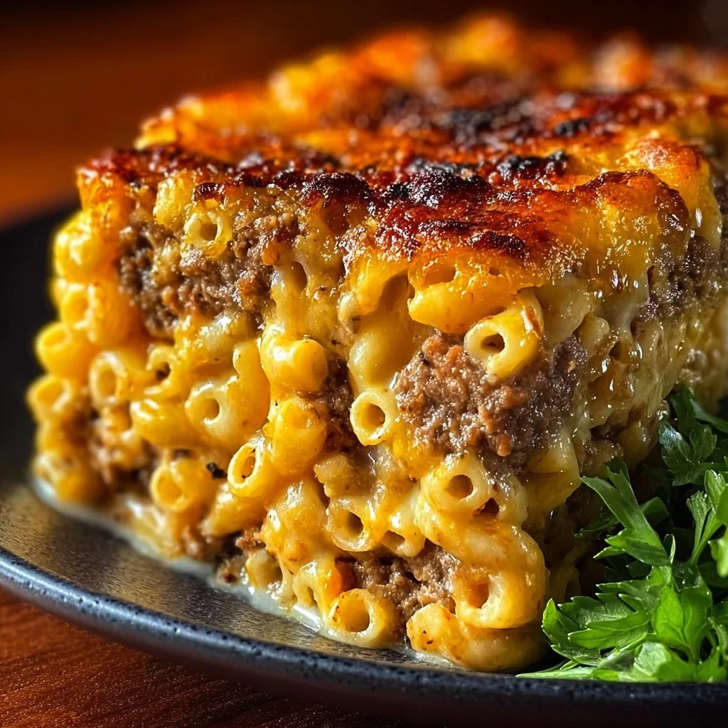 Delicious Mac and Cheese Meatloaf Casserole served in a baking dish