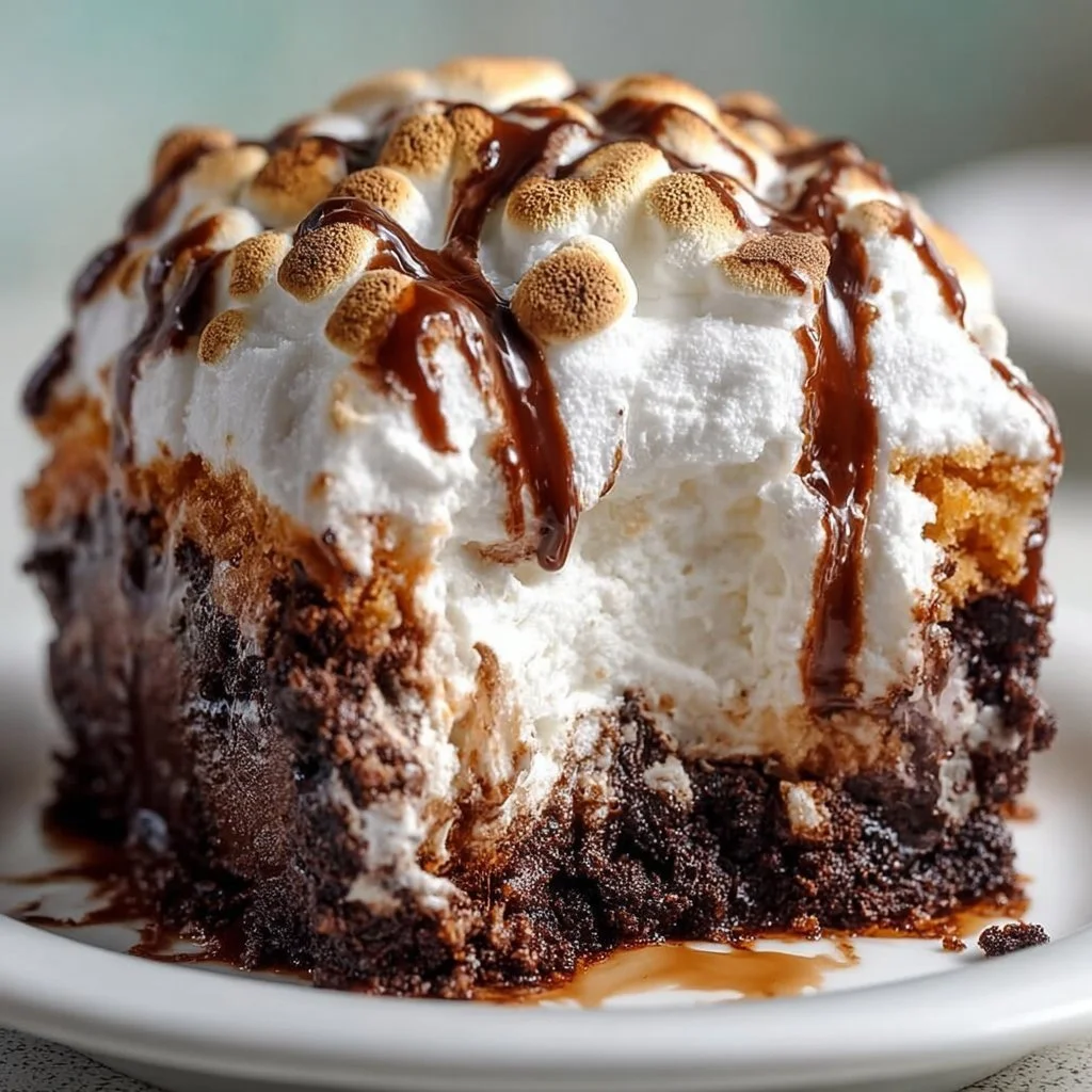 Delicious Marshmallow Chocolate Poke Cake topped with chocolate and marshmallows