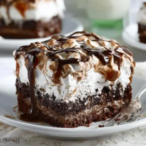 Delicious Marshmallow Chocolate Poke Cake topped with chocolate and marshmallows