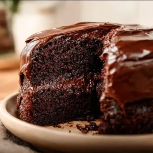 Moist and rich Matilda's Chocolate Cake topped with chocolate frosting.