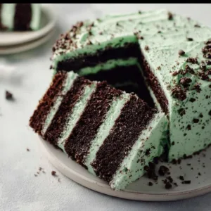 Slice of rich Mint Chocolate Cake topped with mint leaves and chocolate shavings