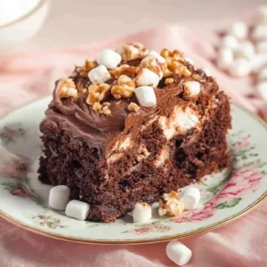 Delicious slice of Mississippi Mud Cake topped with chocolate and marshmallows