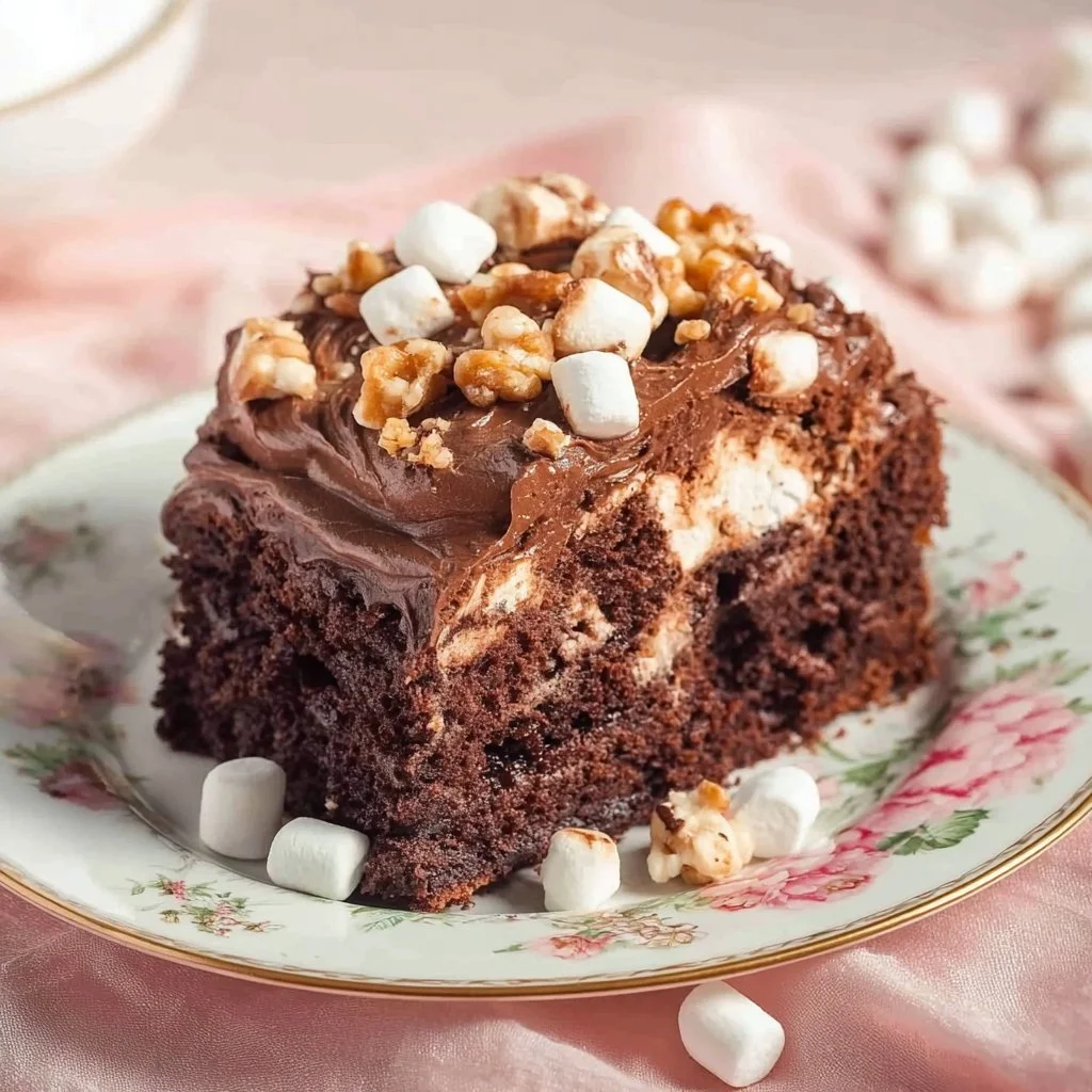 Delicious slice of Mississippi Mud Cake topped with chocolate and marshmallows