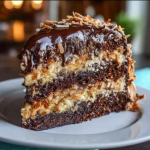 Moist German chocolate cake with coconut and pecan frosting