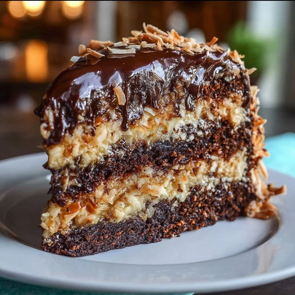Moist German chocolate cake with coconut and pecan frosting