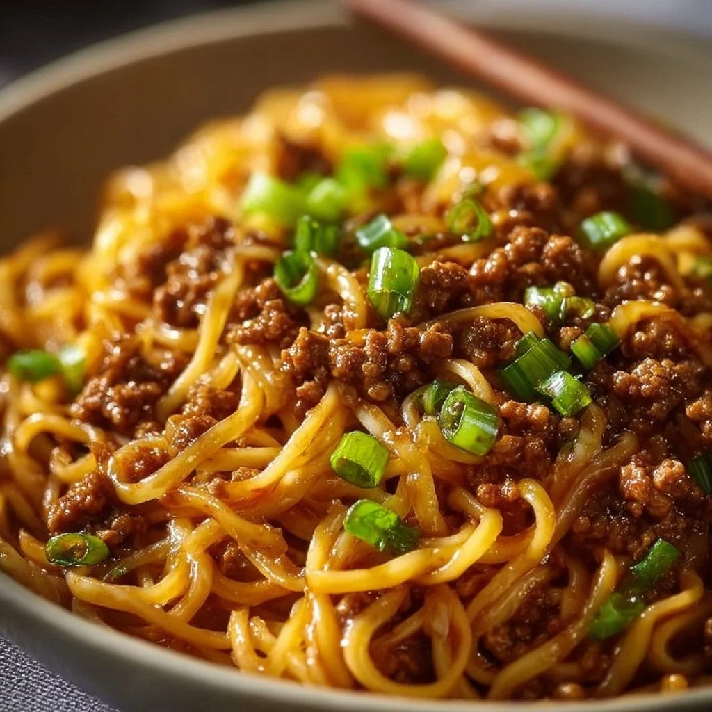 Bowl of Mongolian Ground Beef Noodles topped with fresh vegetables