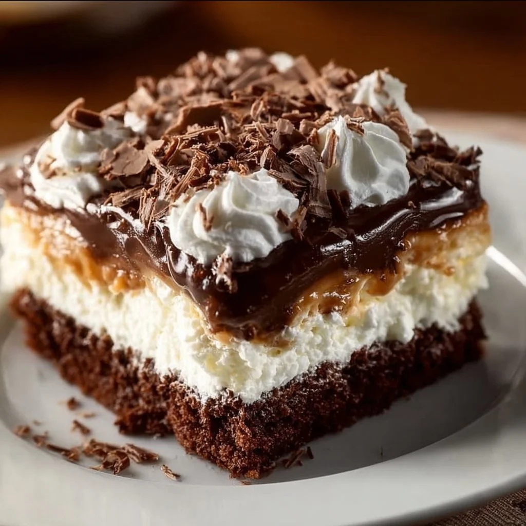 Mounds Poke Cake with layers of chocolate and coconut toppings