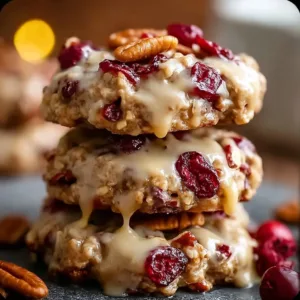 No-bake cranberry pecan cookies with a caramel drizzle on a wooden table.