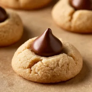 Delicious Peanut Butter Blossoms cookies with chocolate kisses on top