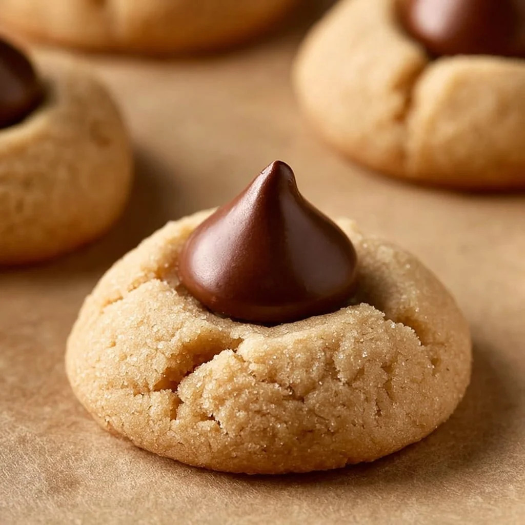 Delicious Peanut Butter Blossoms cookies with chocolate kisses on top