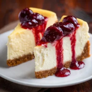 Delicious slice of perfect cheesecake garnished with strawberries