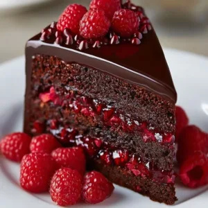 Deliciously rich Chocolate Raspberry Truffle Cake topped with fresh raspberries