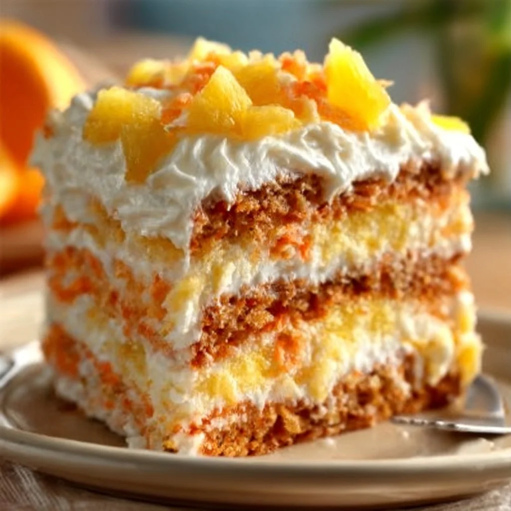Delicious Pineapple Carrot Cake topped with creamy frosting and fresh pineapple chunks.
