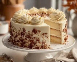 Slice of quick Italian Cream Cake with frosting and pecans on a plate