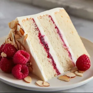 Raspberry Almond Cake topped with fresh raspberries and almonds