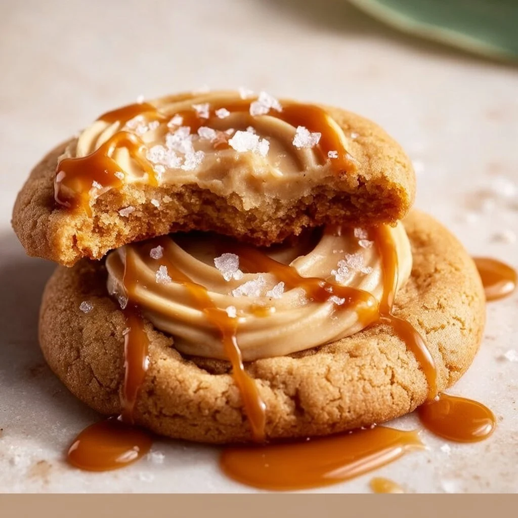 Delicious salted caramel cheesecake cookies topped with caramel drizzle.