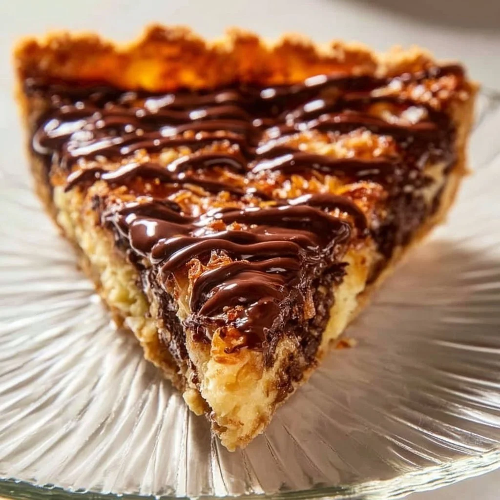 Samoas Cookie Pie topped with coconut and caramel in a chocolate crust
