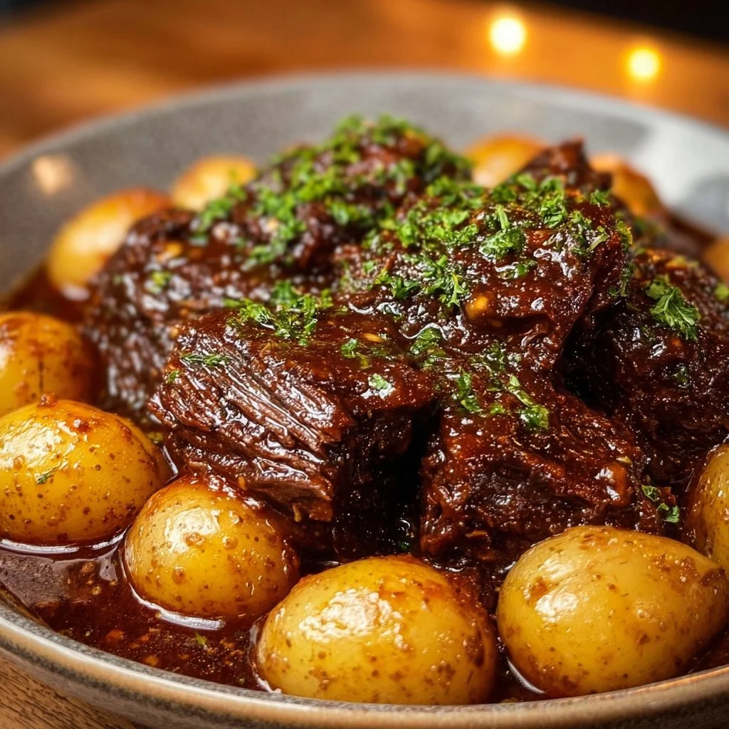 Slow cooker garlic butter beef served with potatoes for a hearty meal