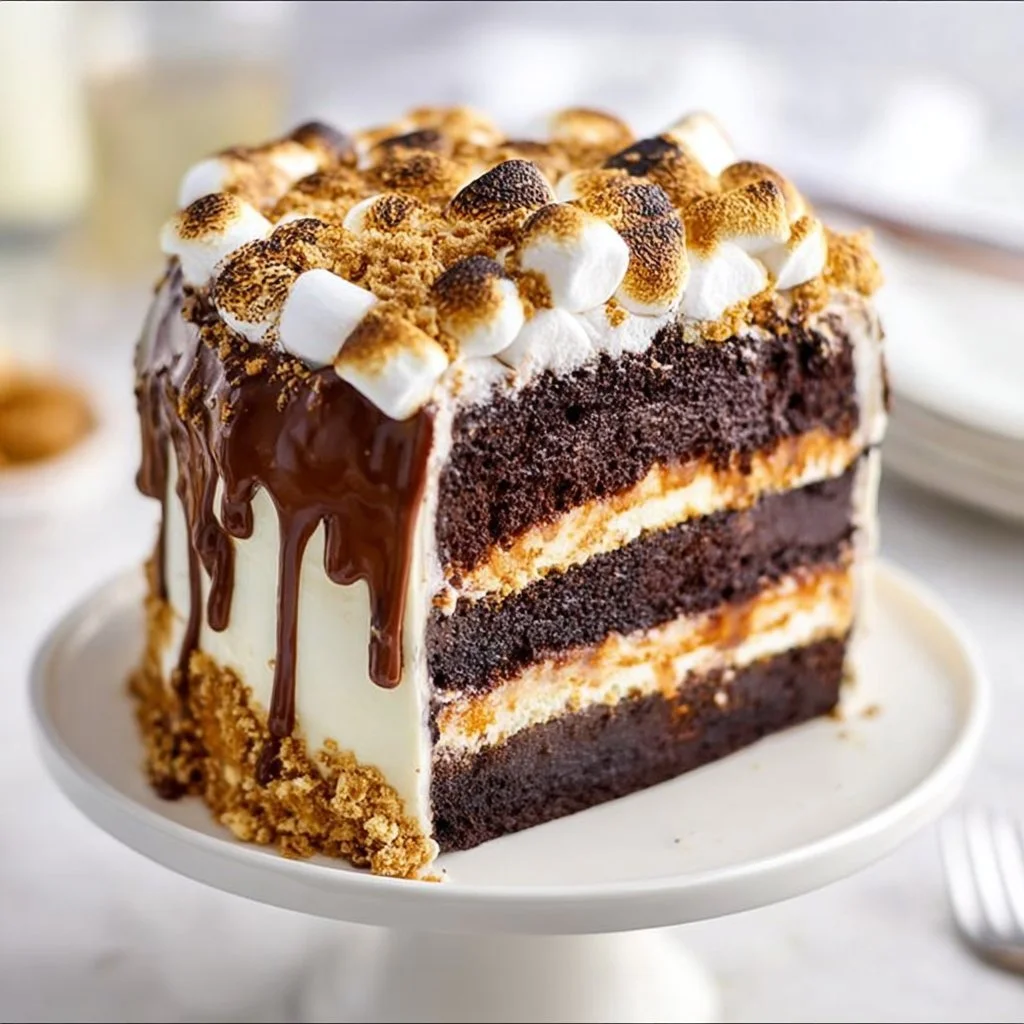 Delicious S'mores Chocolate Cake with chocolate, marshmallows, and graham cracker crust